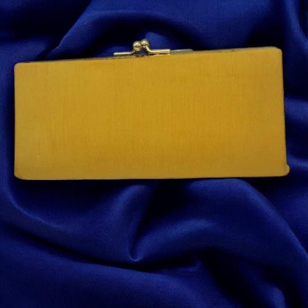 MCM Vintage Gold Fabric Covered Kiss Lock Clutch 2 Section